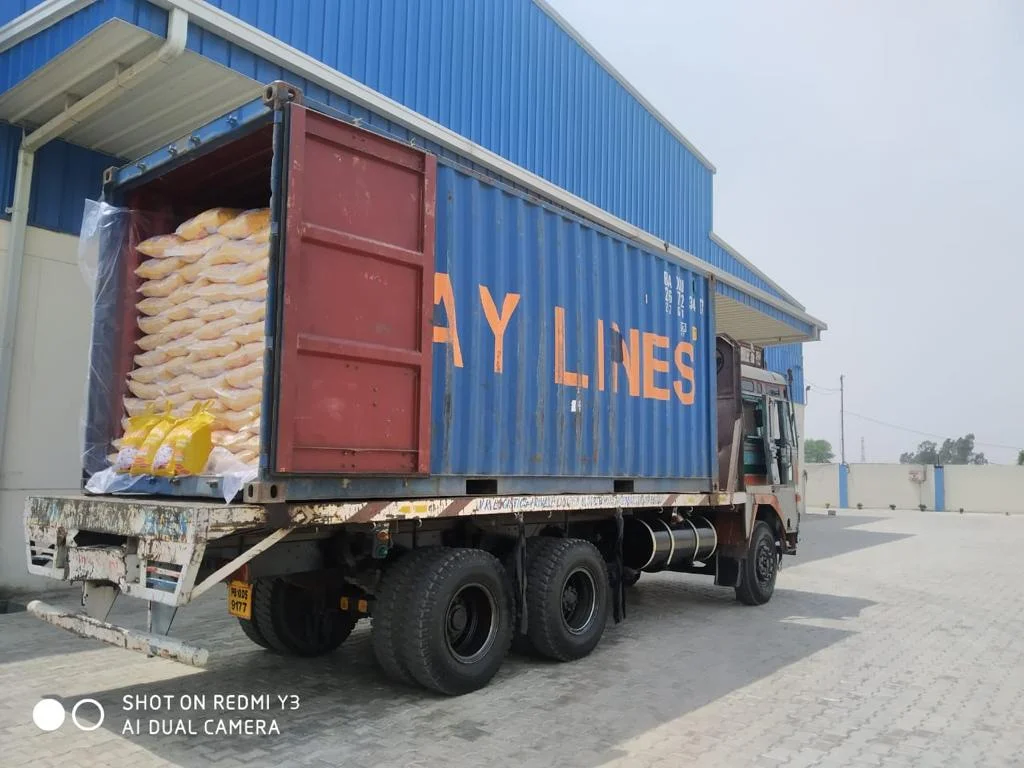 Rice bags loaded into a freight container