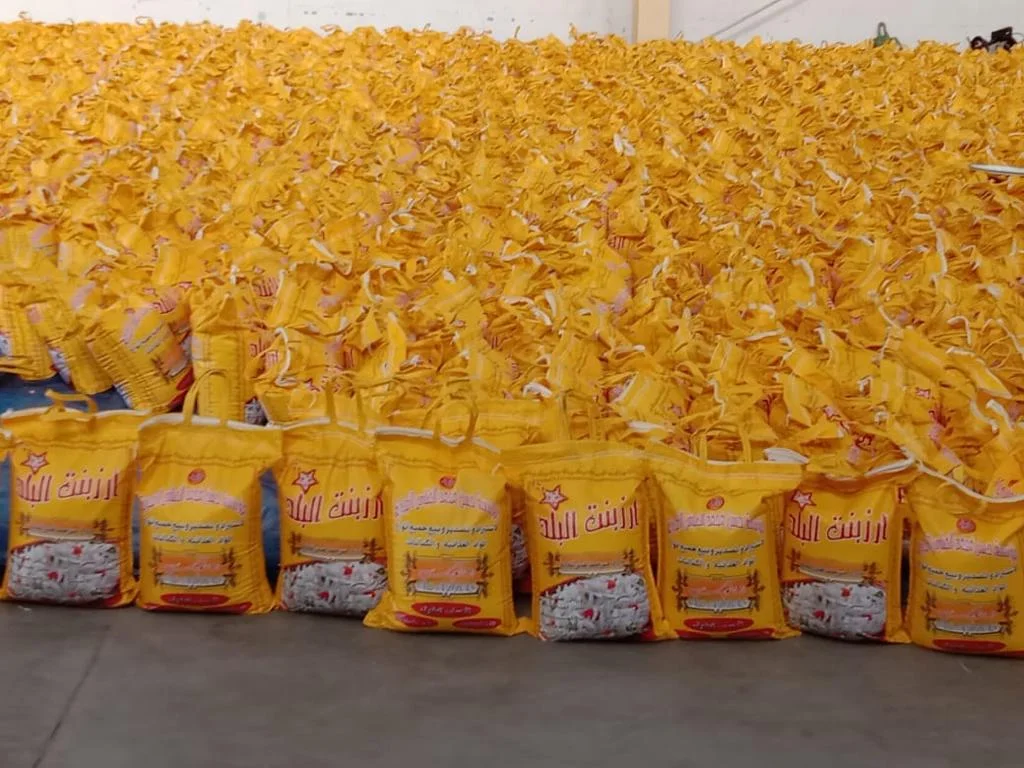 Finished rice packs prepared for dispatch